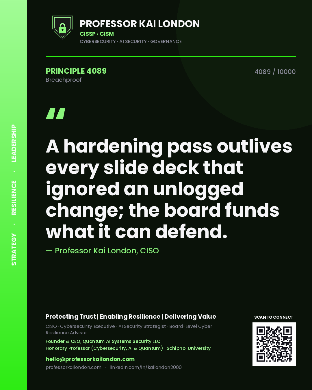 Professor Kai London principle 4089: A hardening pass outlives every slide deck that ignored an unlogged change; the board funds what it can defend.