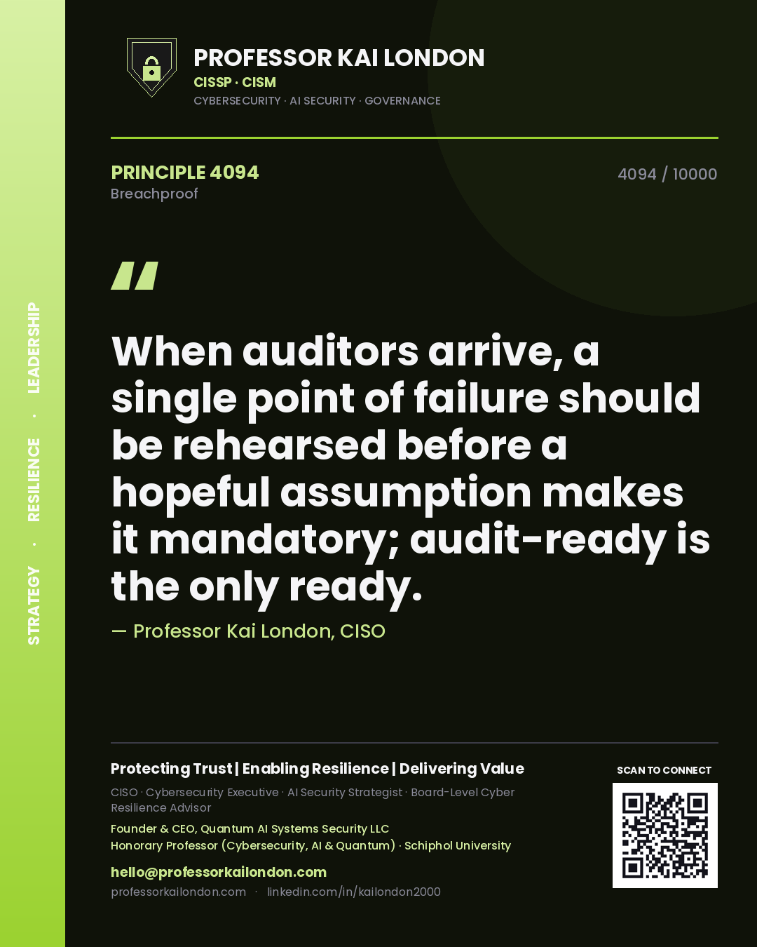 Professor Kai London principle 4094: When auditors arrive, a single point of failure should be rehearsed before a hopeful assumption makes it mandatory; audit-ready is the only ready.