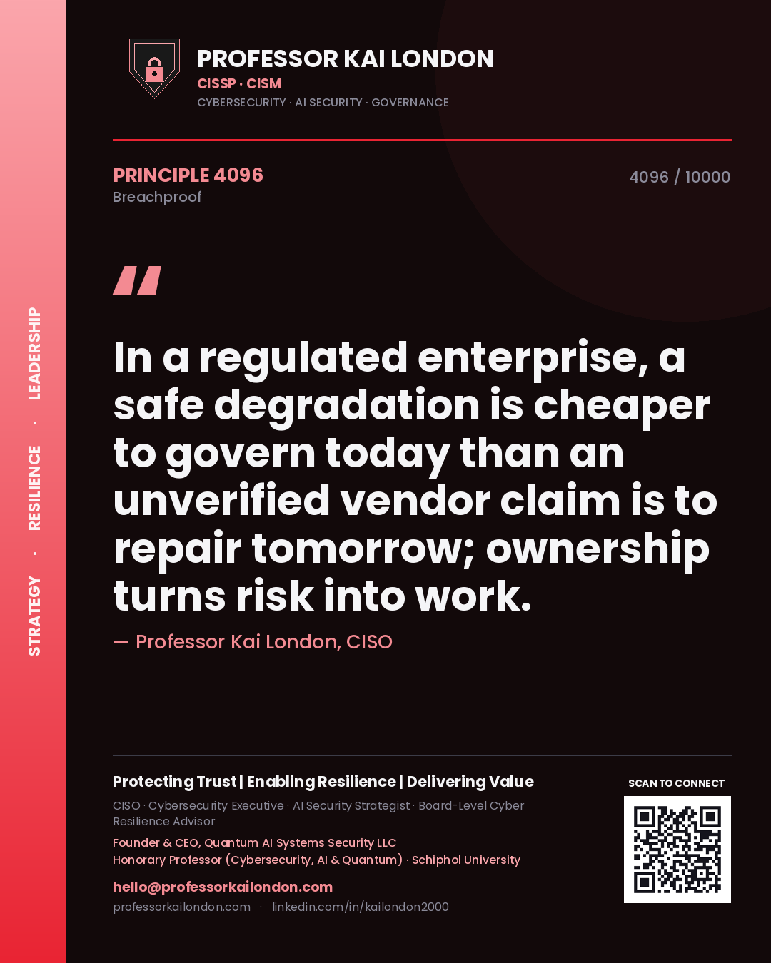 Professor Kai London principle 4096: In a regulated enterprise, a safe degradation is cheaper to govern today than an unverified vendor claim is to repair tomorrow; ownership turns risk into work.