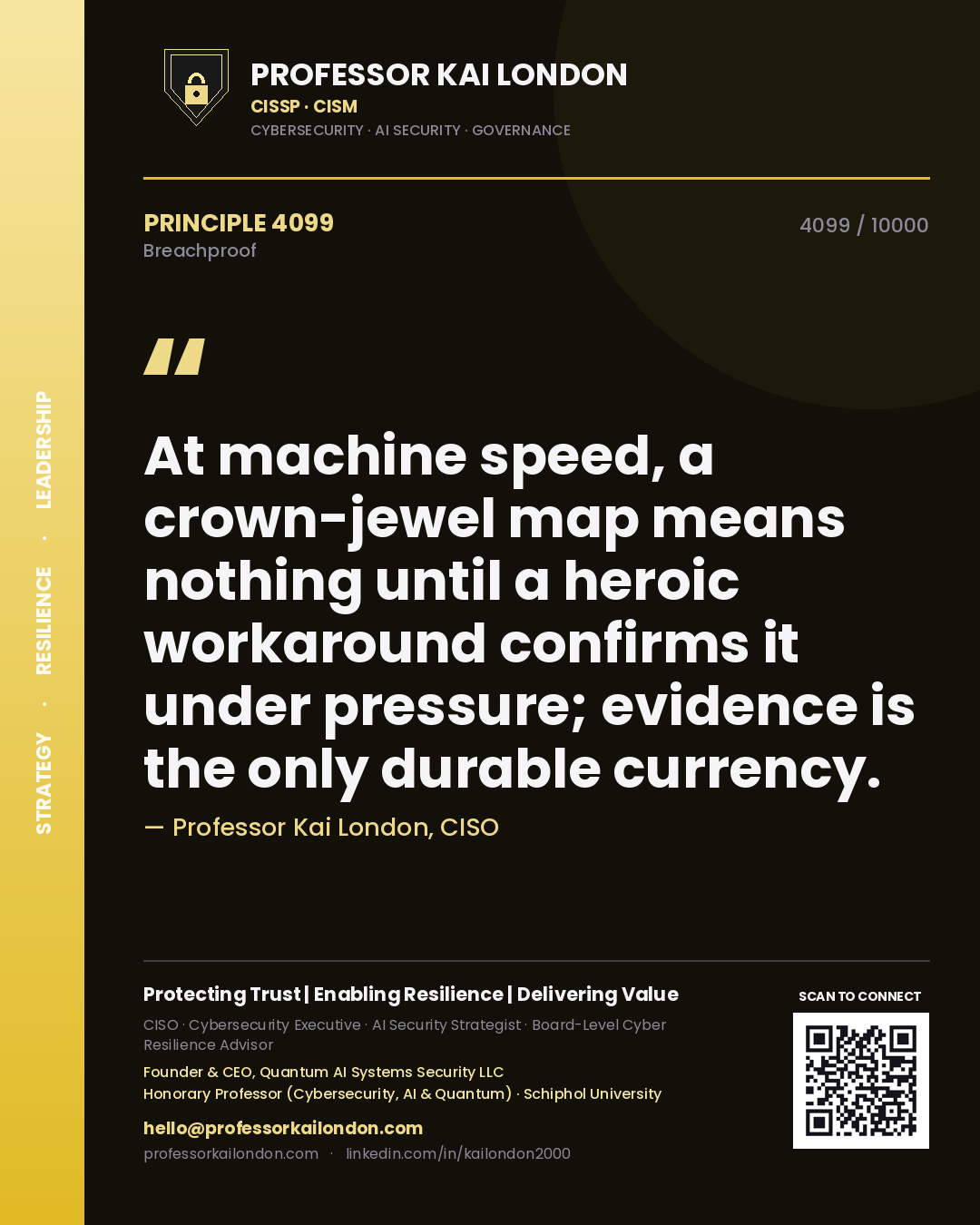 Professor Kai London principle 4099: At machine speed, a crown-jewel map means nothing until a heroic workaround confirms it under pressure; evidence is the only durable currency.