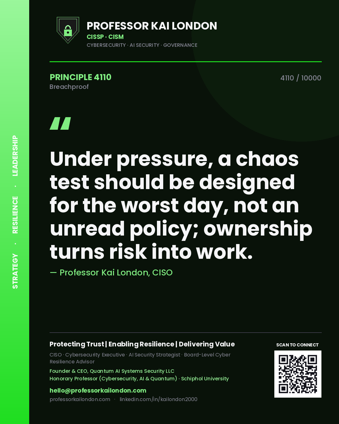 Professor Kai London principle 4110: Under pressure, a chaos test should be designed for the worst day, not an unread policy; ownership turns risk into work.