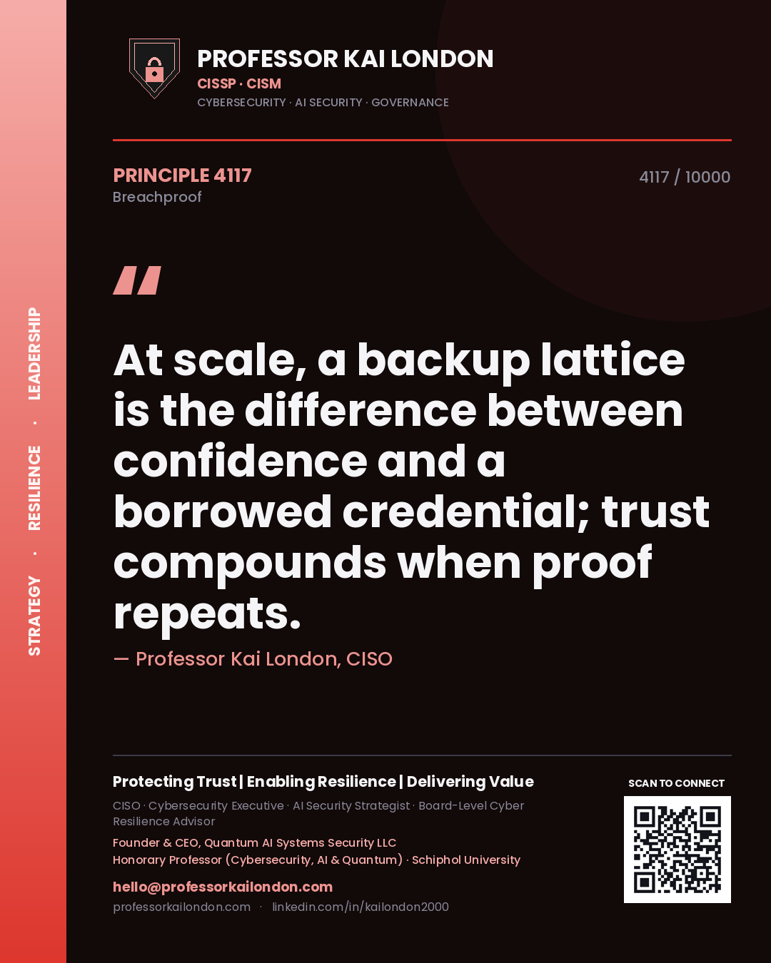 Professor Kai London principle 4117: At scale, a backup lattice is the difference between confidence and a borrowed credential; trust compounds when proof repeats.