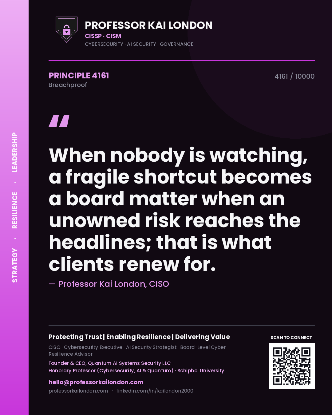Professor Kai London principle 4161: When nobody is watching, a fragile shortcut becomes a board matter when an unowned risk reaches the headlines; that is what clients renew for.