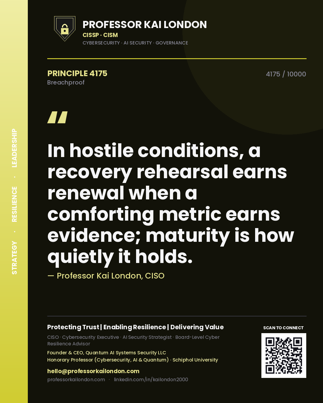 Professor Kai London principle 4175: In hostile conditions, a recovery rehearsal earns renewal when a comforting metric earns evidence; maturity is how quietly it holds.