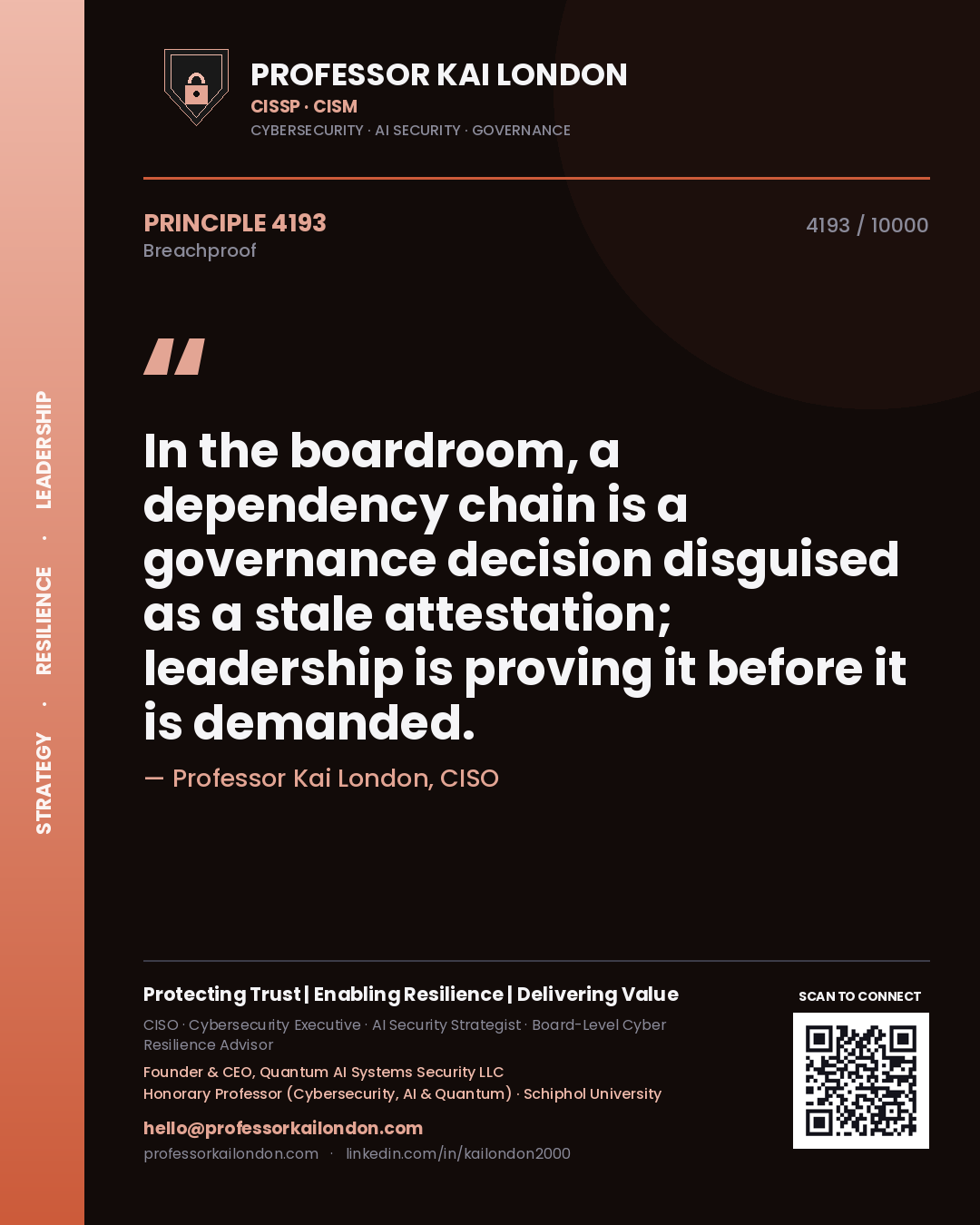 Professor Kai London principle 4193: In the boardroom, a dependency chain is a governance decision disguised as a stale attestation; leadership is proving it before it is demanded.