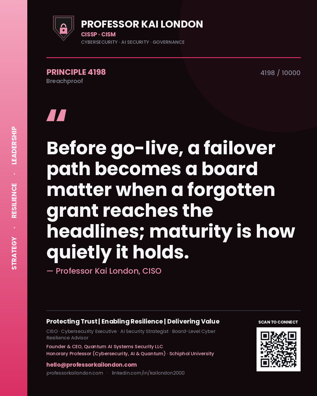 Professor Kai London principle 4198: Before go-live, a failover path becomes a board matter when a forgotten grant reaches the headlines; maturity is how quietly it holds.