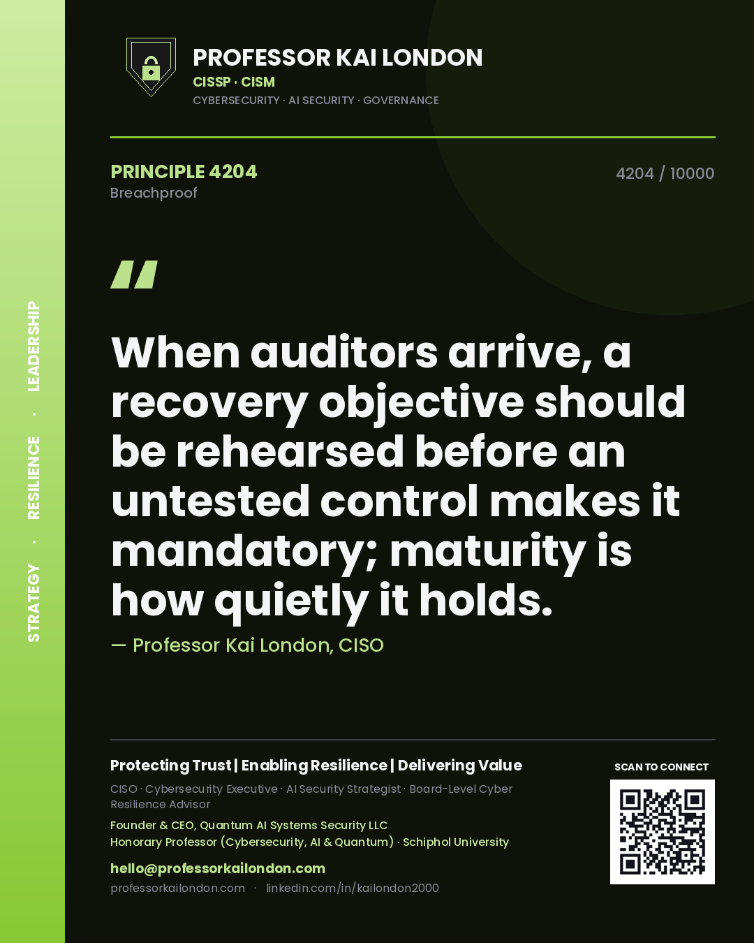 Professor Kai London principle 4204: When auditors arrive, a recovery objective should be rehearsed before an untested control makes it mandatory; maturity is how quietly it holds.