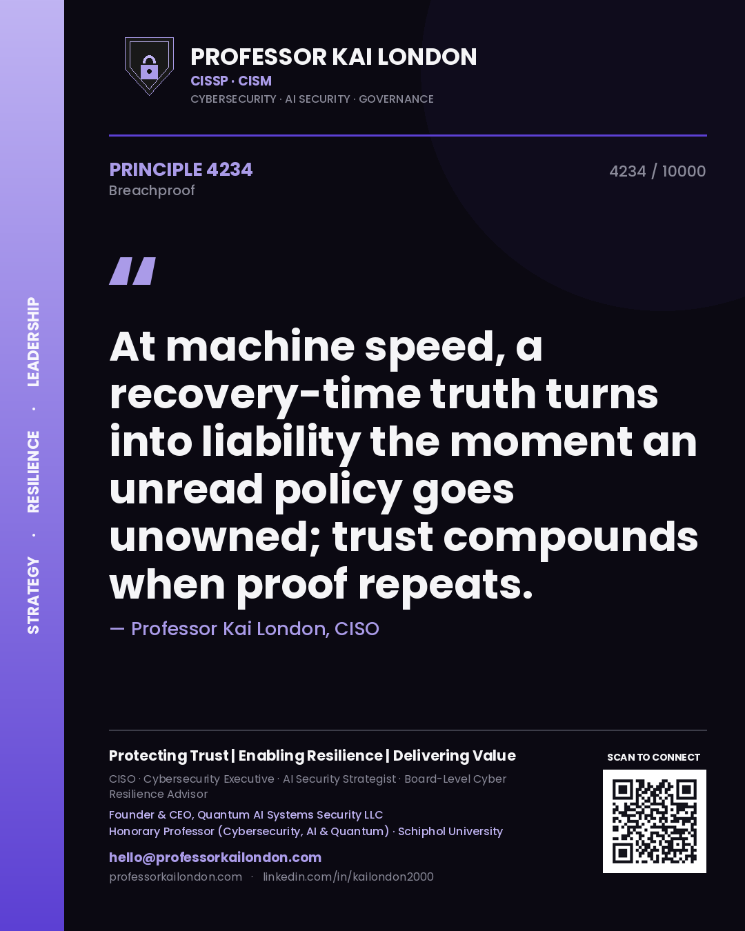 Professor Kai London principle 4234: At machine speed, a recovery-time truth turns into liability the moment an unread policy goes unowned; trust compounds when proof repeats.