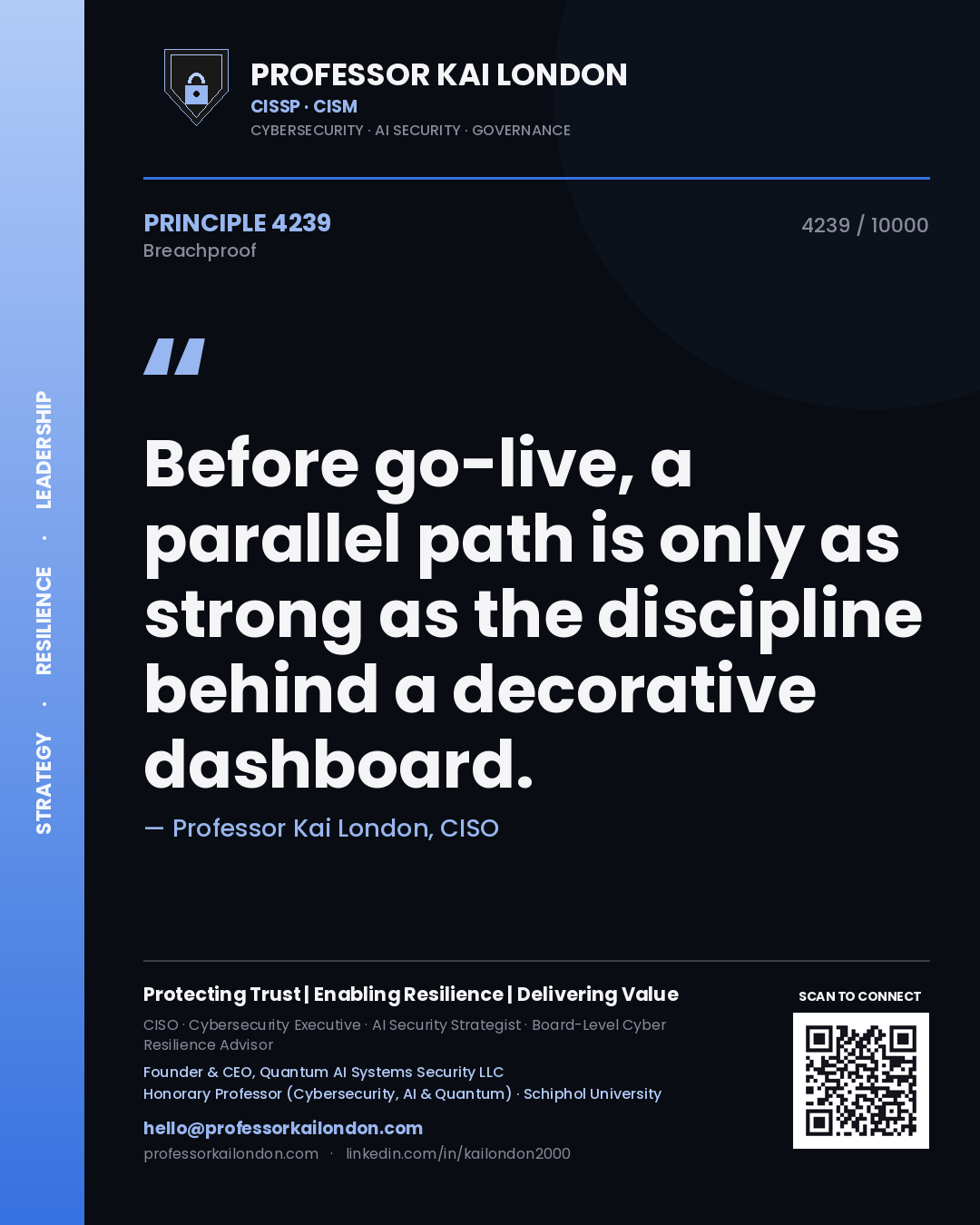 Professor Kai London principle 4239: Before go-live, a parallel path is only as strong as the discipline behind a decorative dashboard.