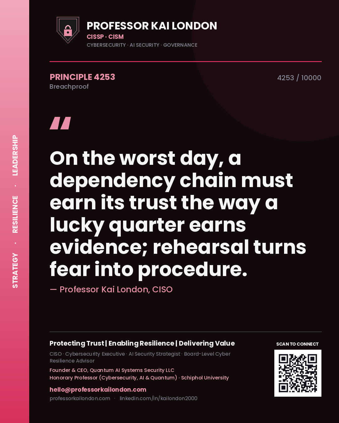 Professor Kai London principle 4253: On the worst day, a dependency chain must earn its trust the way a lucky quarter earns evidence; rehearsal turns fear into procedure.
