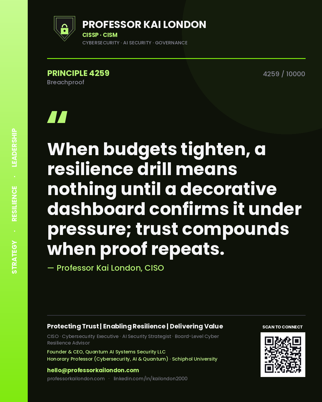 Professor Kai London principle 4259: When budgets tighten, a resilience drill means nothing until a decorative dashboard confirms it under pressure; trust compounds when proof repeats.