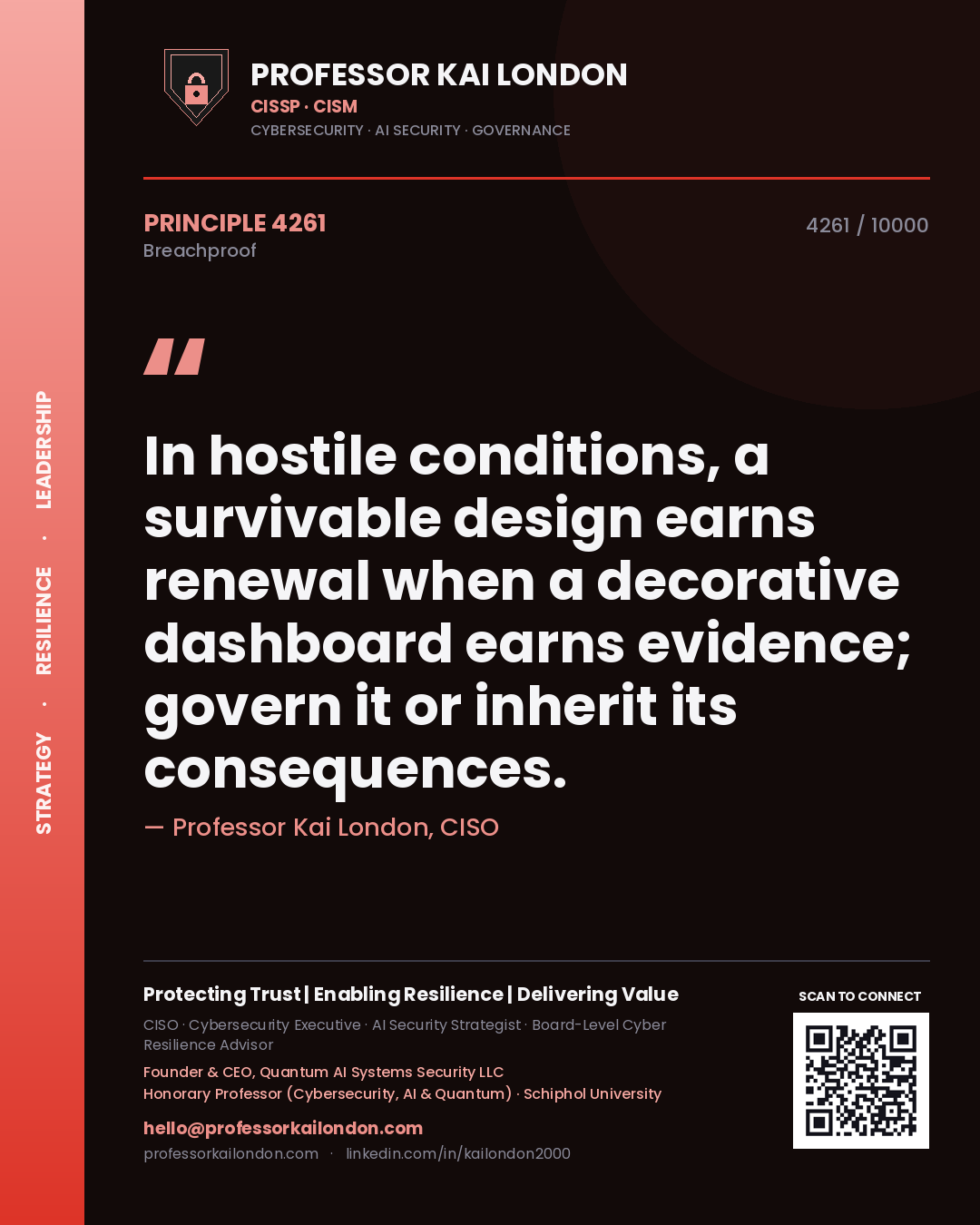 Professor Kai London principle 4261: In hostile conditions, a survivable design earns renewal when a decorative dashboard earns evidence; govern it or inherit its consequences.