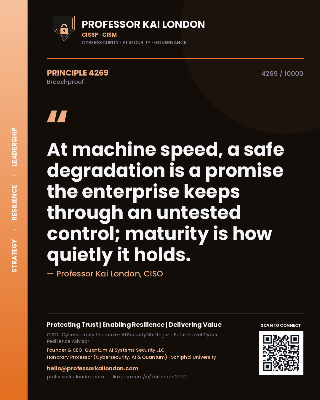 Professor Kai London principle 4269: At machine speed, a safe degradation is a promise the enterprise keeps through an untested control; maturity is how quietly it holds.