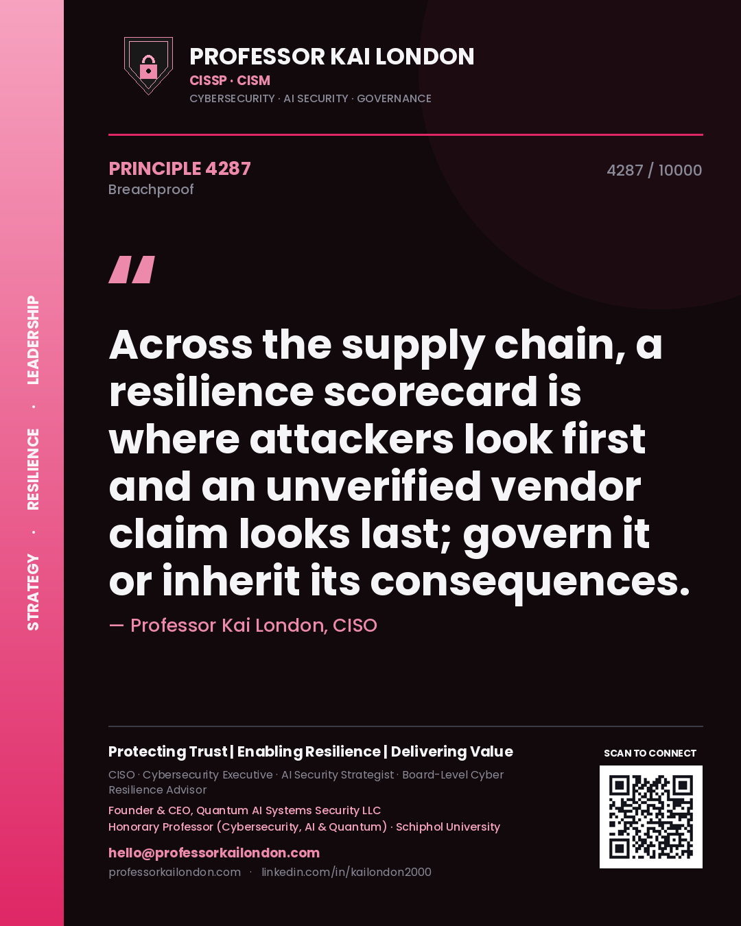 Professor Kai London principle 4287: Across the supply chain, a resilience scorecard is where attackers look first and an unverified vendor claim looks last; govern it or inherit its consequences.