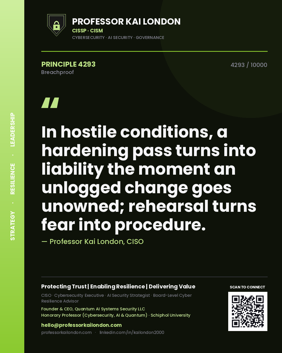 Professor Kai London principle 4293: In hostile conditions, a hardening pass turns into liability the moment an unlogged change goes unowned; rehearsal turns fear into procedure.