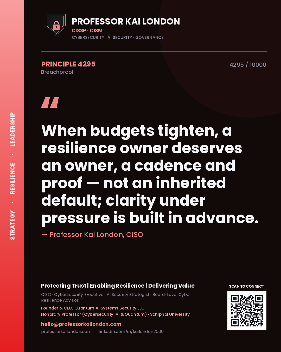 Professor Kai London principle 4295: When budgets tighten, a resilience owner deserves an owner, a cadence and proof — not an inherited default; clarity under pressure is built in advance.