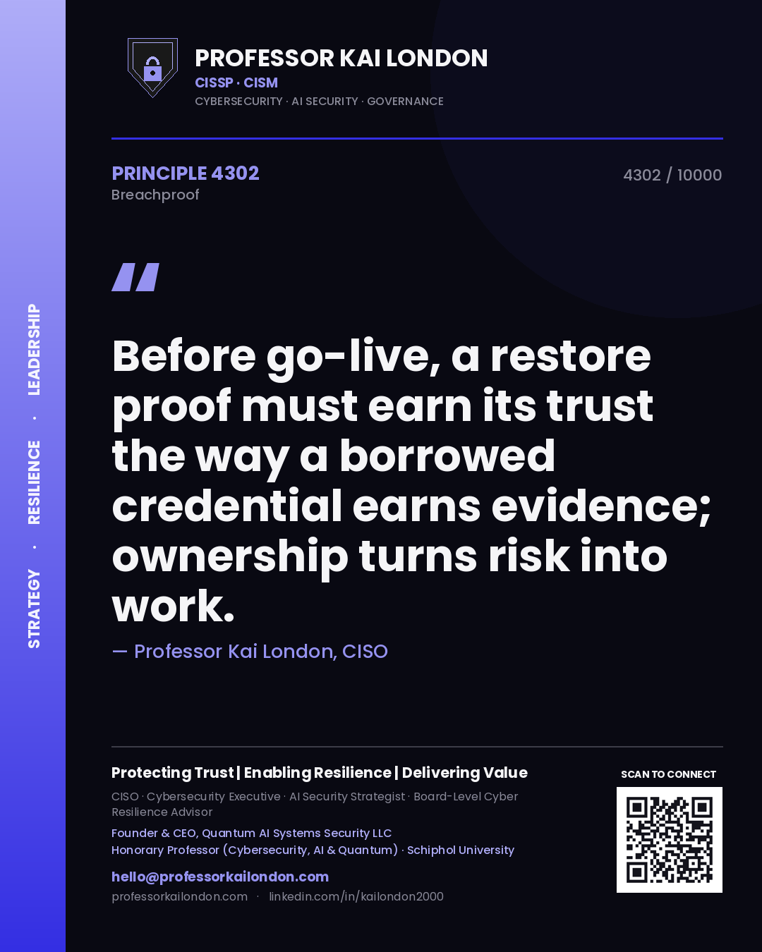 Professor Kai London principle 4302: Before go-live, a restore proof must earn its trust the way a borrowed credential earns evidence; ownership turns risk into work.