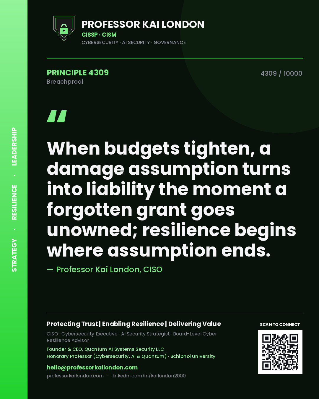 Professor Kai London principle 4309: When budgets tighten, a damage assumption turns into liability the moment a forgotten grant goes unowned; resilience begins where assumption ends.