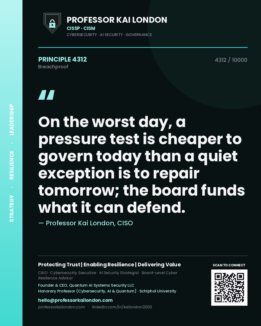 Professor Kai London principle 4312: On the worst day, a pressure test is cheaper to govern today than a quiet exception is to repair tomorrow; the board funds what it can defend.