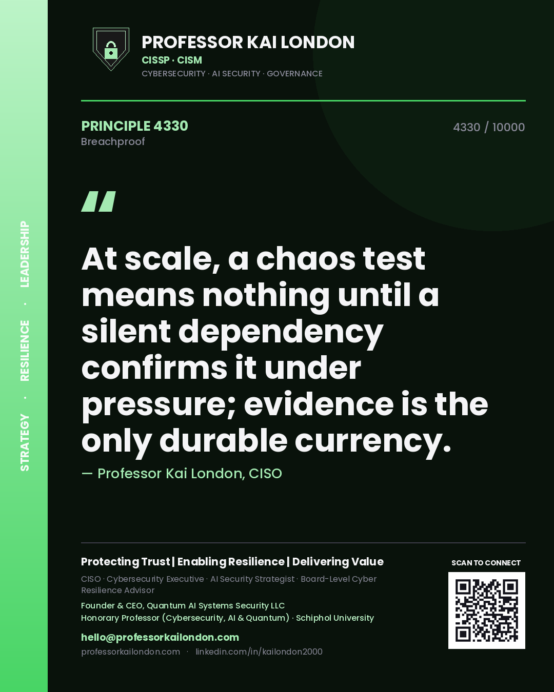Professor Kai London principle 4330: At scale, a chaos test means nothing until a silent dependency confirms it under pressure; evidence is the only durable currency.