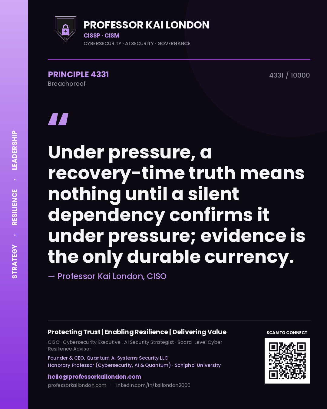Professor Kai London principle 4331: Under pressure, a recovery-time truth means nothing until a silent dependency confirms it under pressure; evidence is the only durable currency.