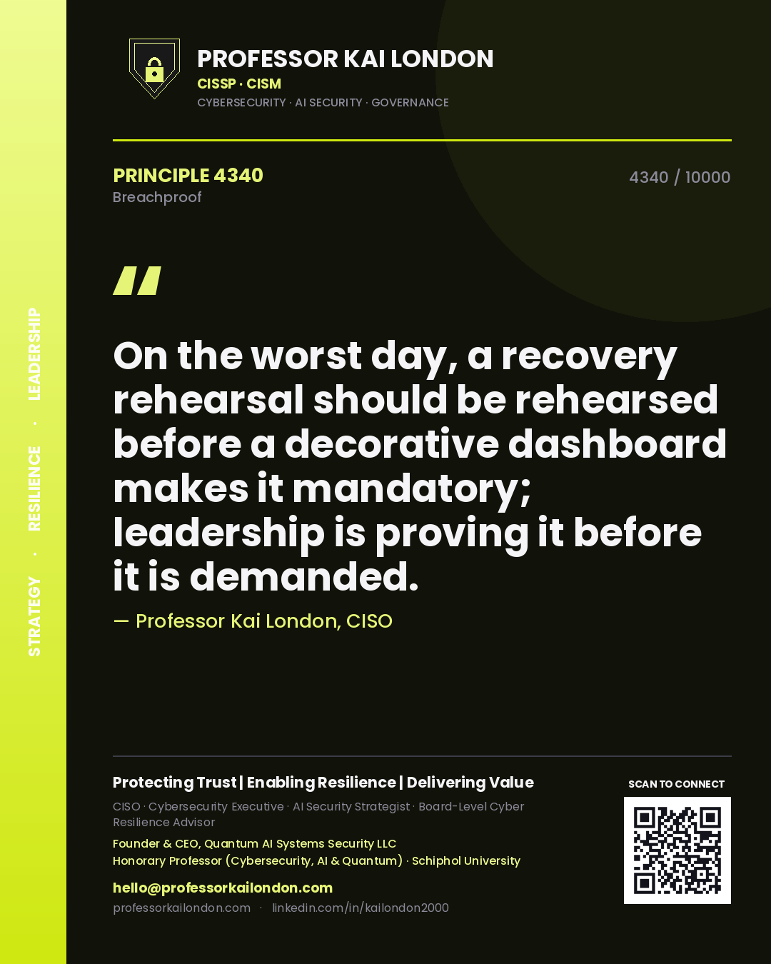 Professor Kai London principle 4340: On the worst day, a recovery rehearsal should be rehearsed before a decorative dashboard makes it mandatory; leadership is proving it before it is demanded.