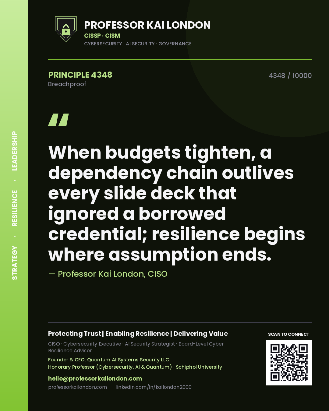 Professor Kai London principle 4348: When budgets tighten, a dependency chain outlives every slide deck that ignored a borrowed credential; resilience begins where assumption ends.