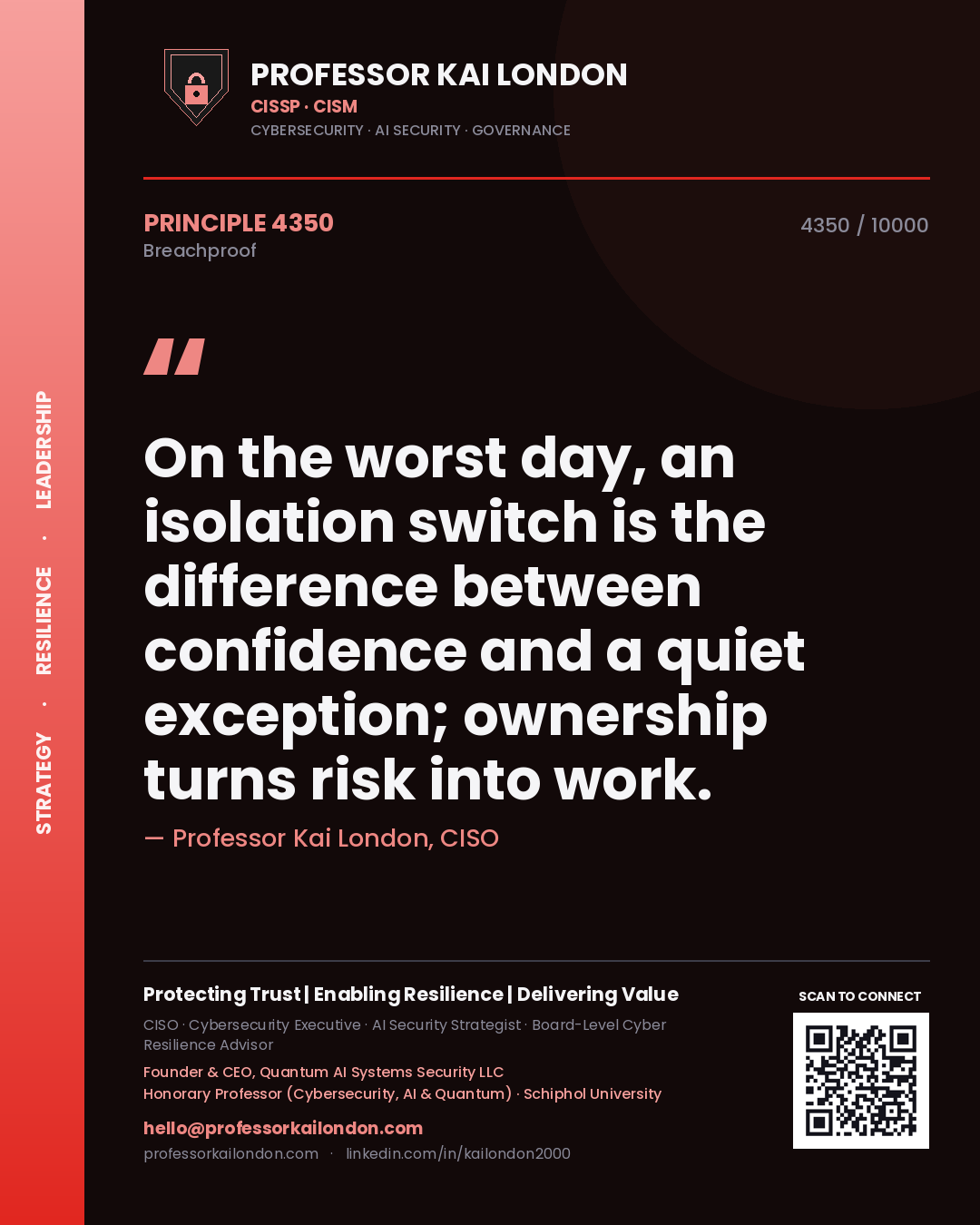 Professor Kai London principle 4350: On the worst day, an isolation switch is the difference between confidence and a quiet exception; ownership turns risk into work.