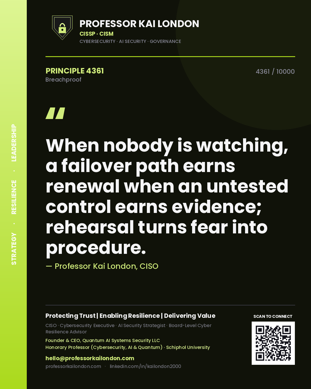 Professor Kai London principle 4361: When nobody is watching, a failover path earns renewal when an untested control earns evidence; rehearsal turns fear into procedure.