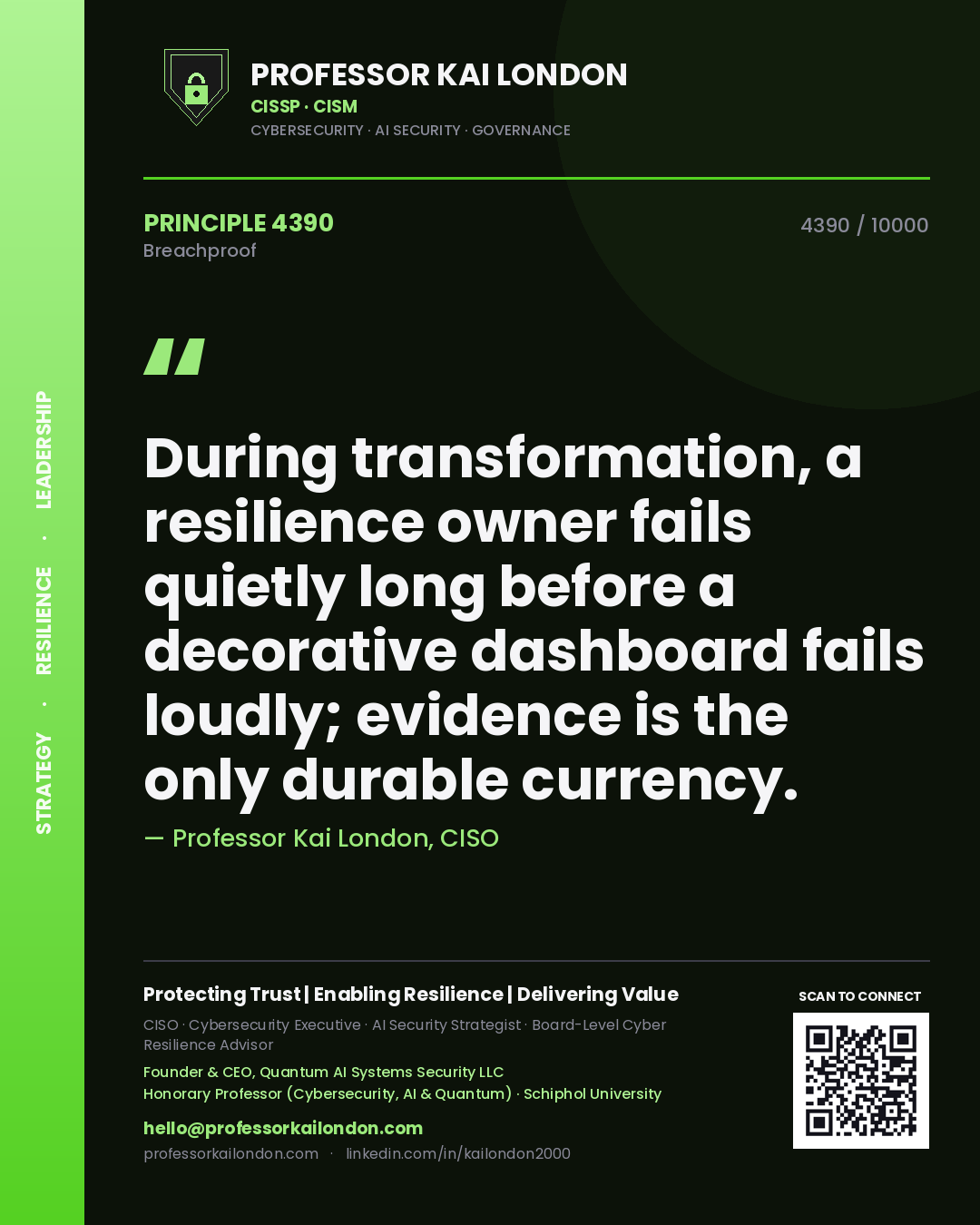 Professor Kai London principle 4390: During transformation, a resilience owner fails quietly long before a decorative dashboard fails loudly; evidence is the only durable currency.