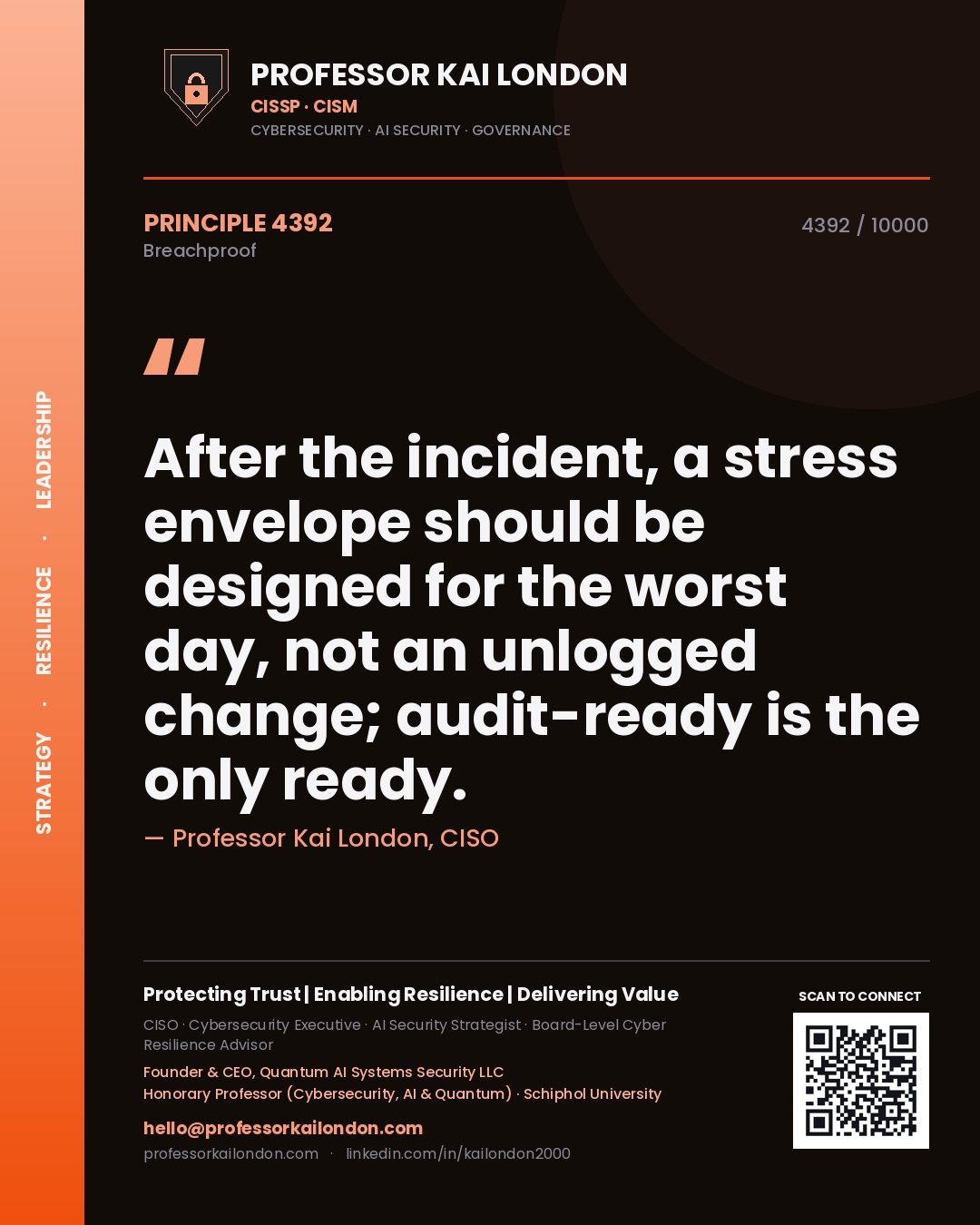 Professor Kai London principle 4392: After the incident, a stress envelope should be designed for the worst day, not an unlogged change; audit-ready is the only ready.