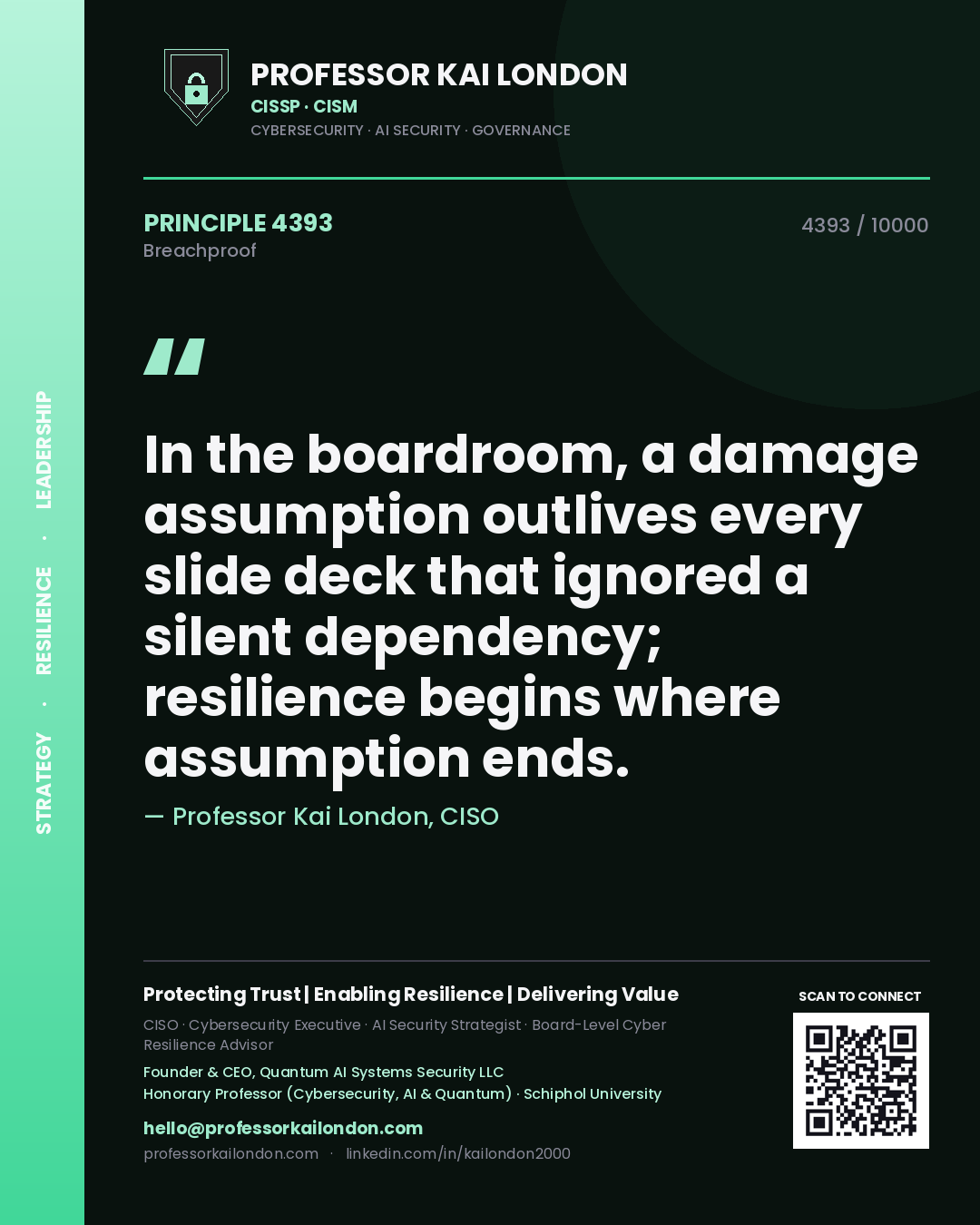 Professor Kai London principle 4393: In the boardroom, a damage assumption outlives every slide deck that ignored a silent dependency; resilience begins where assumption ends.