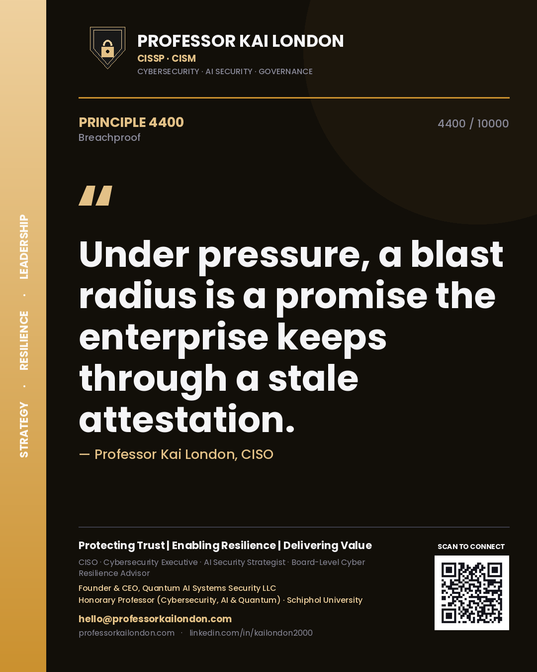 Professor Kai London principle 4400: Under pressure, a blast radius is a promise the enterprise keeps through a stale attestation.