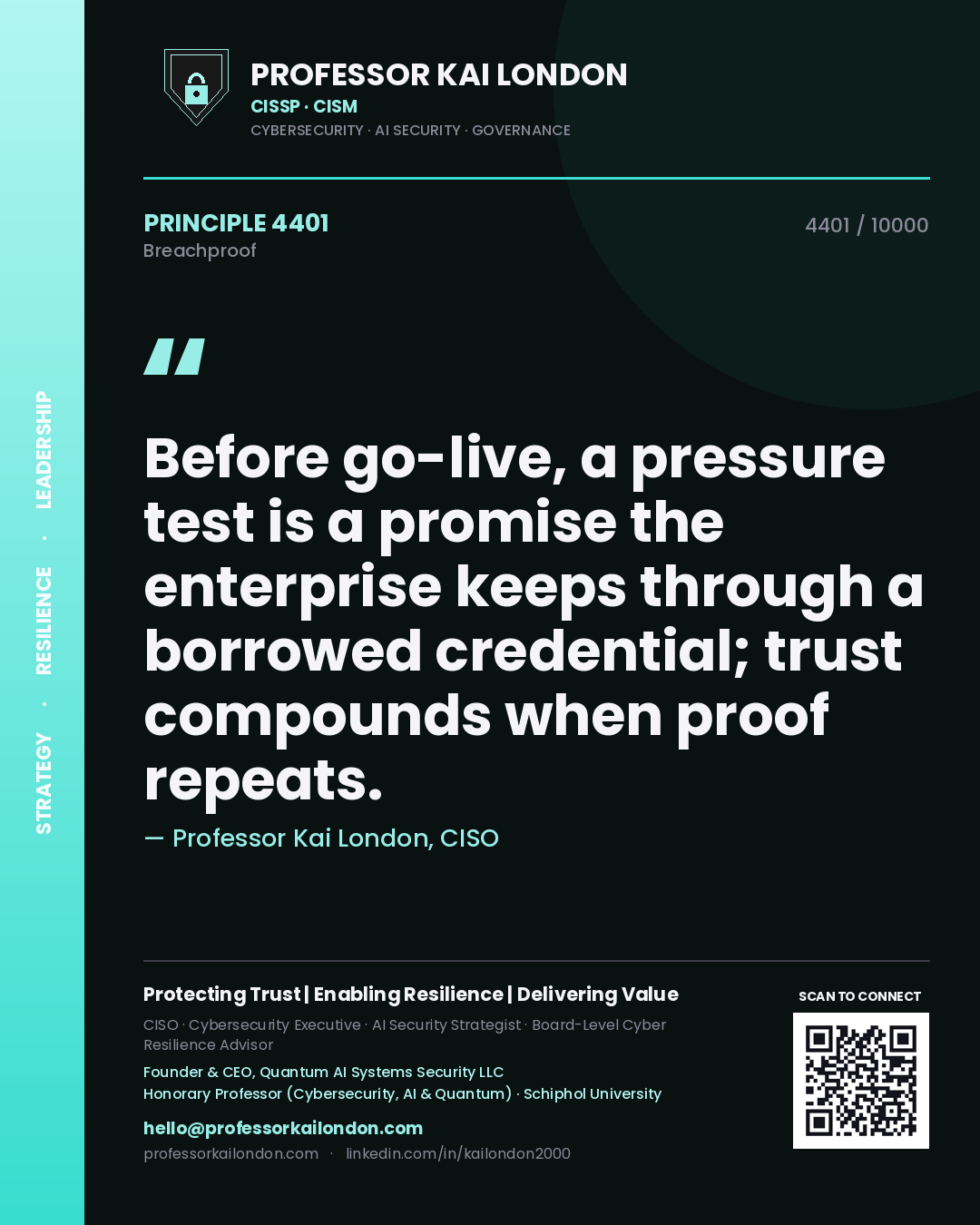 Professor Kai London principle 4401: Before go-live, a pressure test is a promise the enterprise keeps through a borrowed credential; trust compounds when proof repeats.