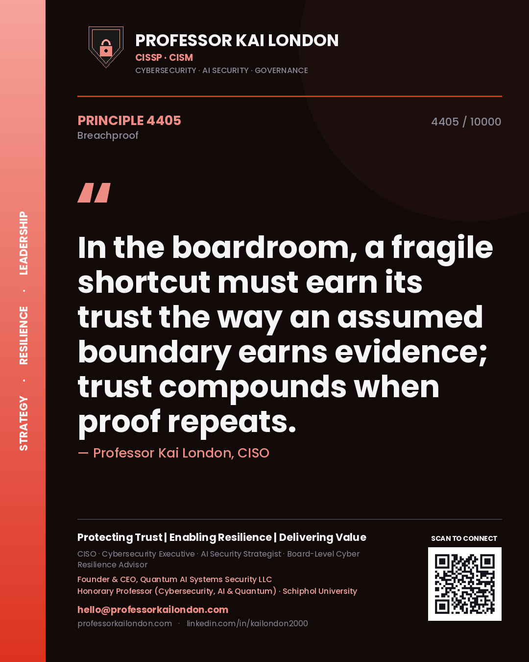 Professor Kai London principle 4405: In the boardroom, a fragile shortcut must earn its trust the way an assumed boundary earns evidence; trust compounds when proof repeats.