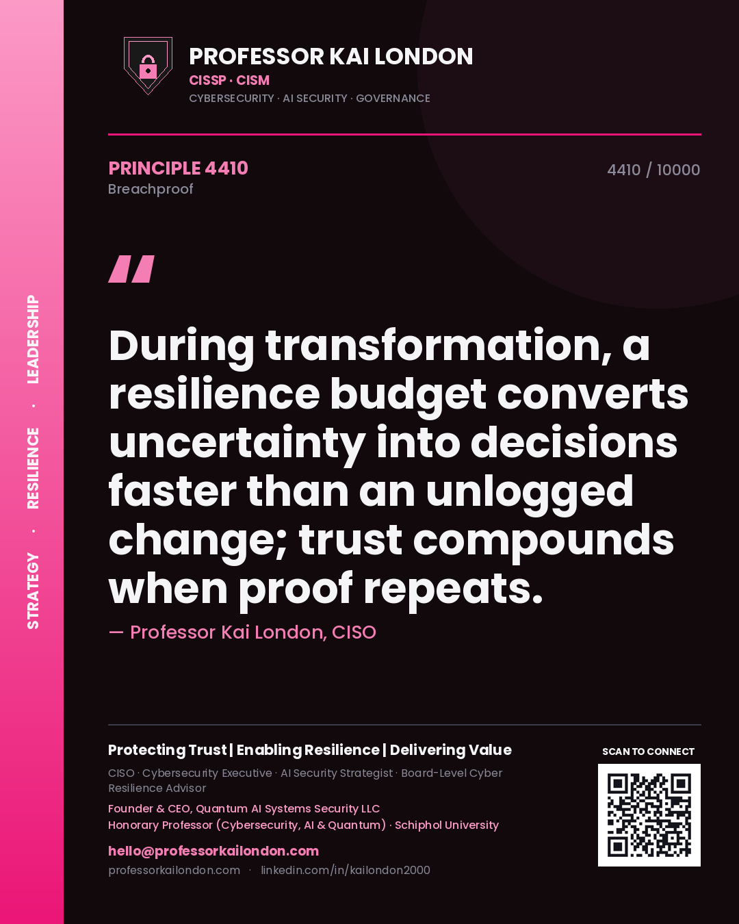 Professor Kai London principle 4410: During transformation, a resilience budget converts uncertainty into decisions faster than an unlogged change; trust compounds when proof repeats.