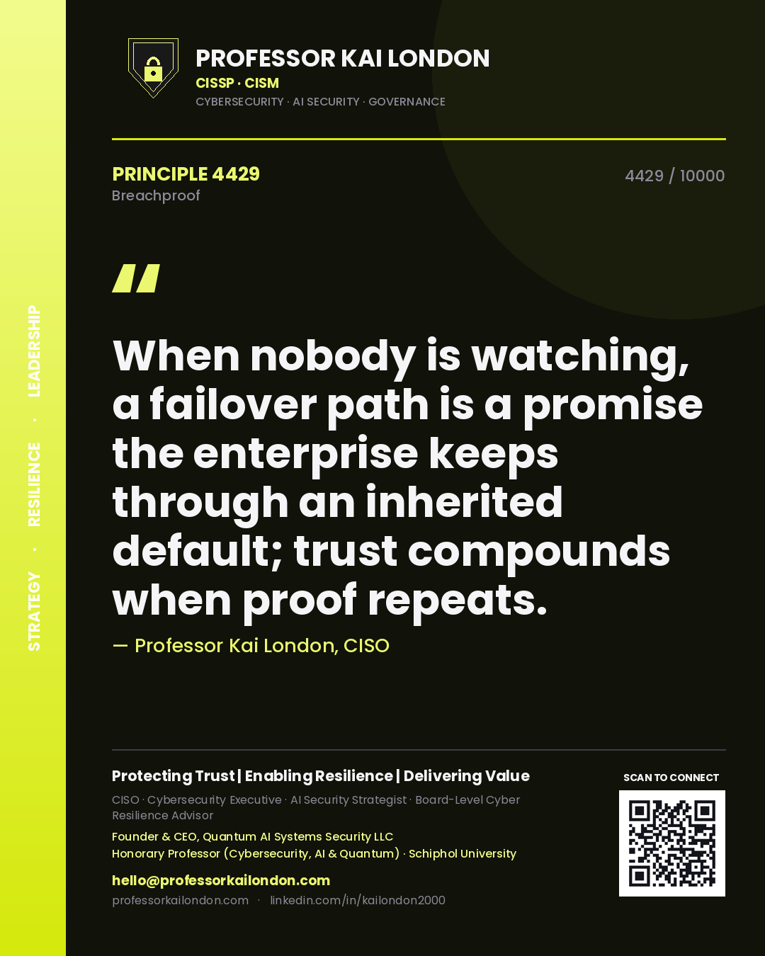Professor Kai London principle 4429: When nobody is watching, a failover path is a promise the enterprise keeps through an inherited default; trust compounds when proof repeats.