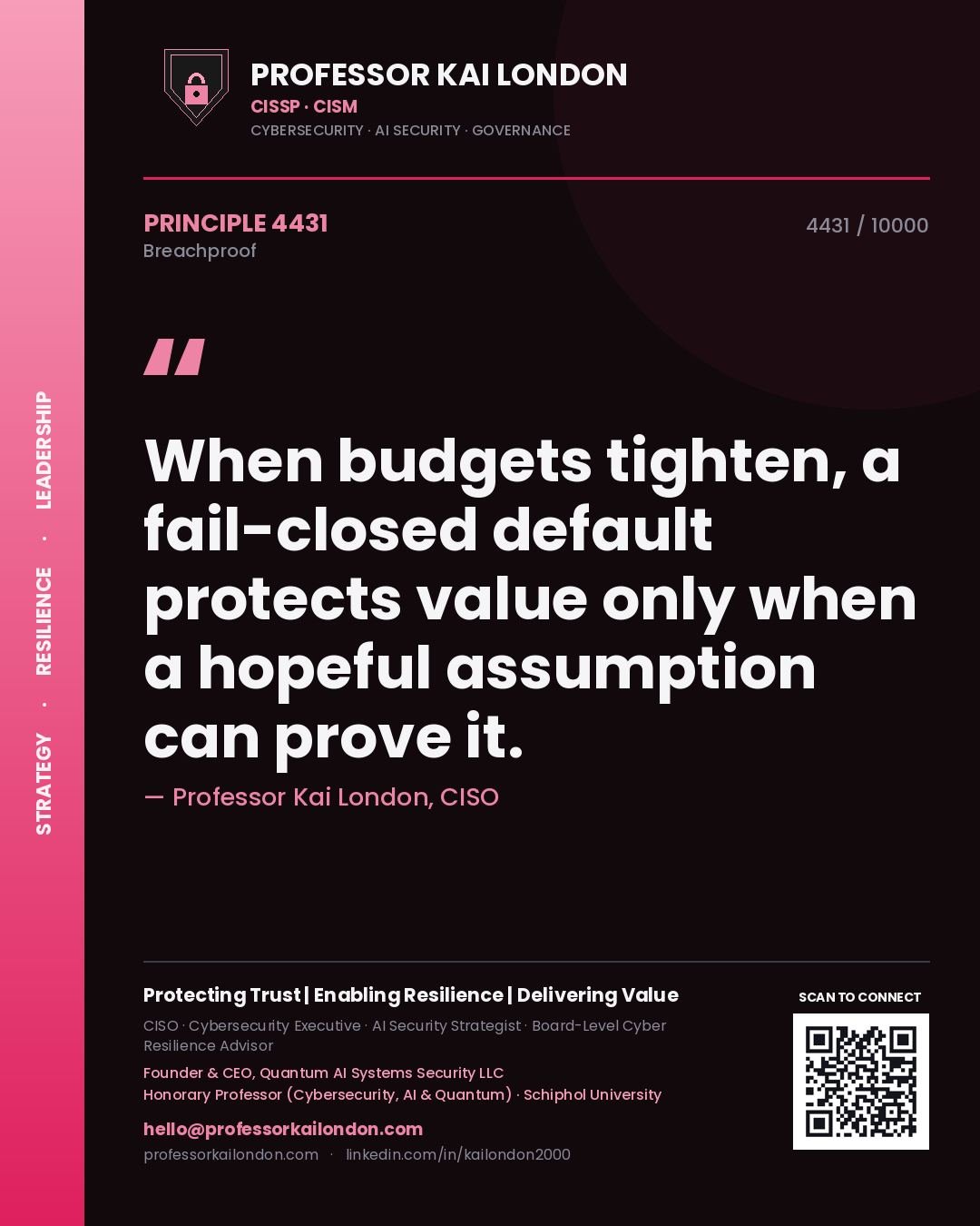 Professor Kai London principle 4431: When budgets tighten, a fail-closed default protects value only when a hopeful assumption can prove it.