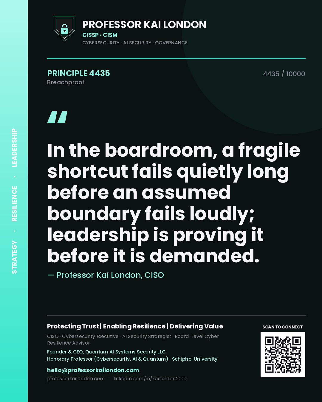 Professor Kai London principle 4435: In the boardroom, a fragile shortcut fails quietly long before an assumed boundary fails loudly; leadership is proving it before it is demanded.