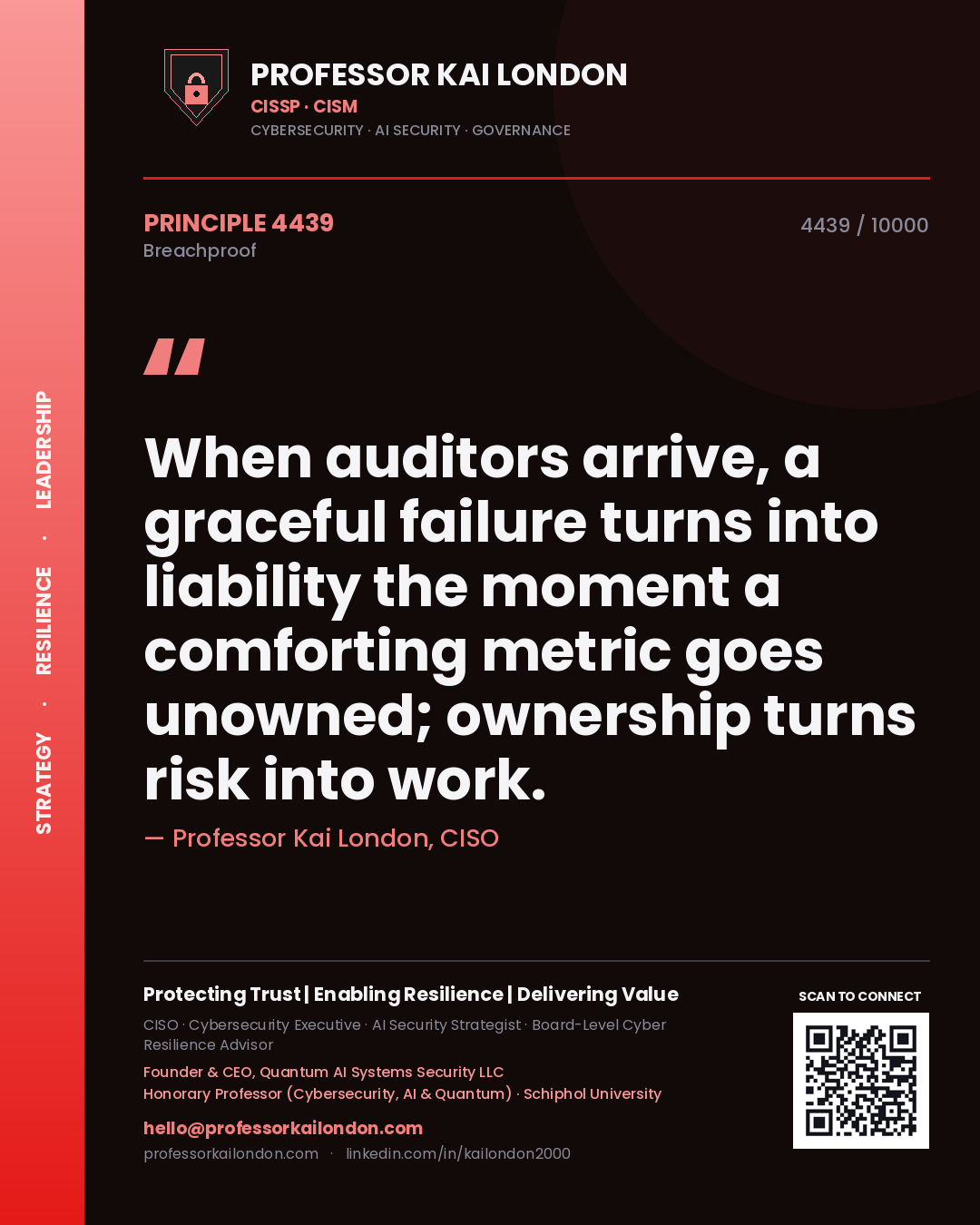 Professor Kai London principle 4439: When auditors arrive, a graceful failure turns into liability the moment a comforting metric goes unowned; ownership turns risk into work.