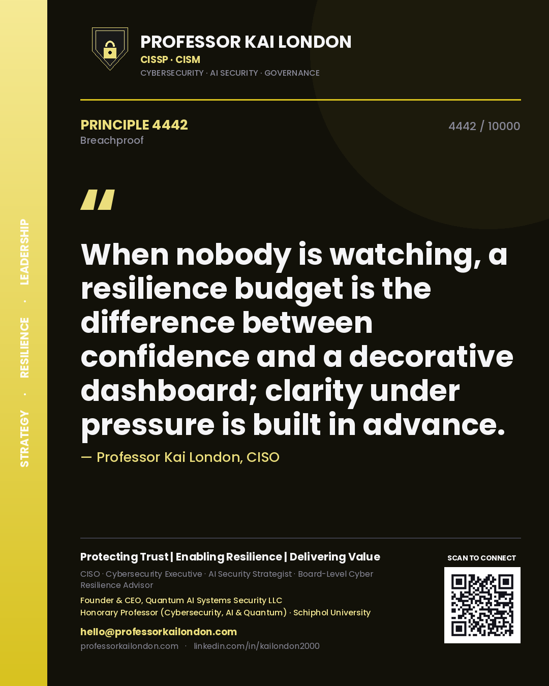 Professor Kai London principle 4442: When nobody is watching, a resilience budget is the difference between confidence and a decorative dashboard; clarity under pressure is built in advance.