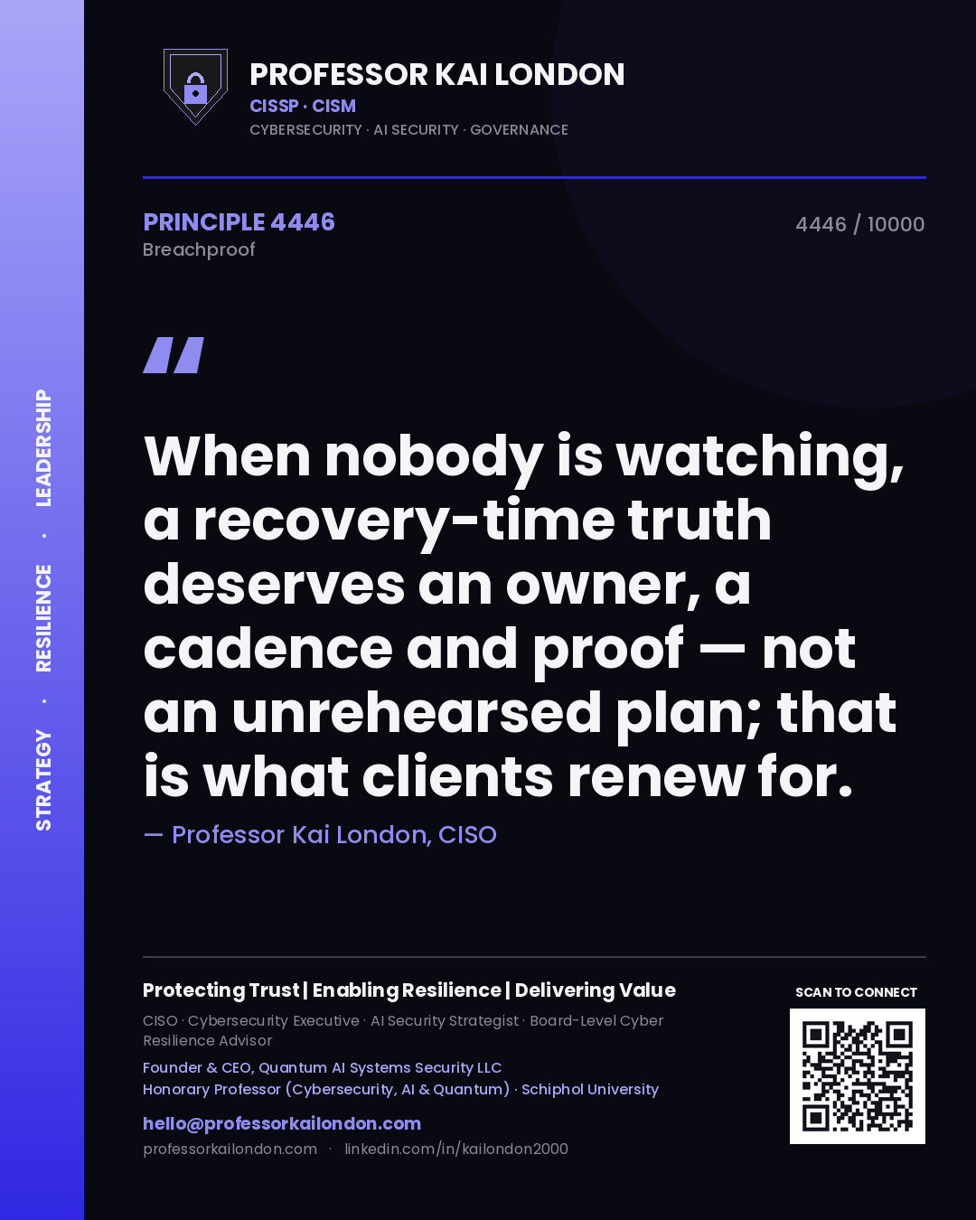 Professor Kai London principle 4446: When nobody is watching, a recovery-time truth deserves an owner, a cadence and proof — not an unrehearsed plan; that is what clients renew for.