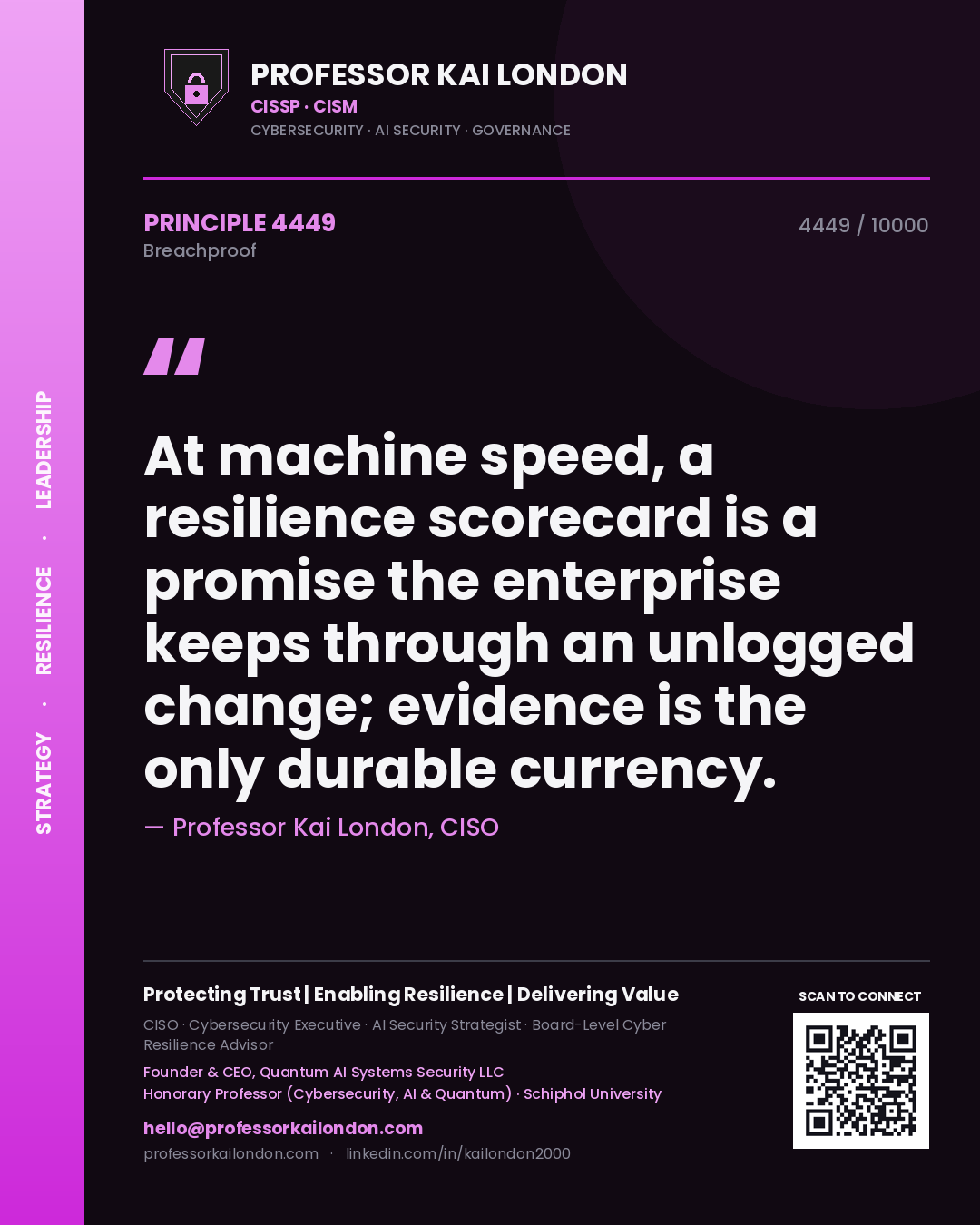 Professor Kai London principle 4449: At machine speed, a resilience scorecard is a promise the enterprise keeps through an unlogged change; evidence is the only durable currency.