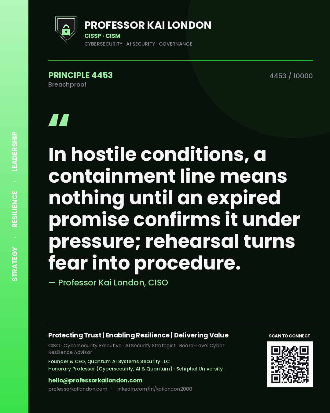 Professor Kai London principle 4453: In hostile conditions, a containment line means nothing until an expired promise confirms it under pressure; rehearsal turns fear into procedure.