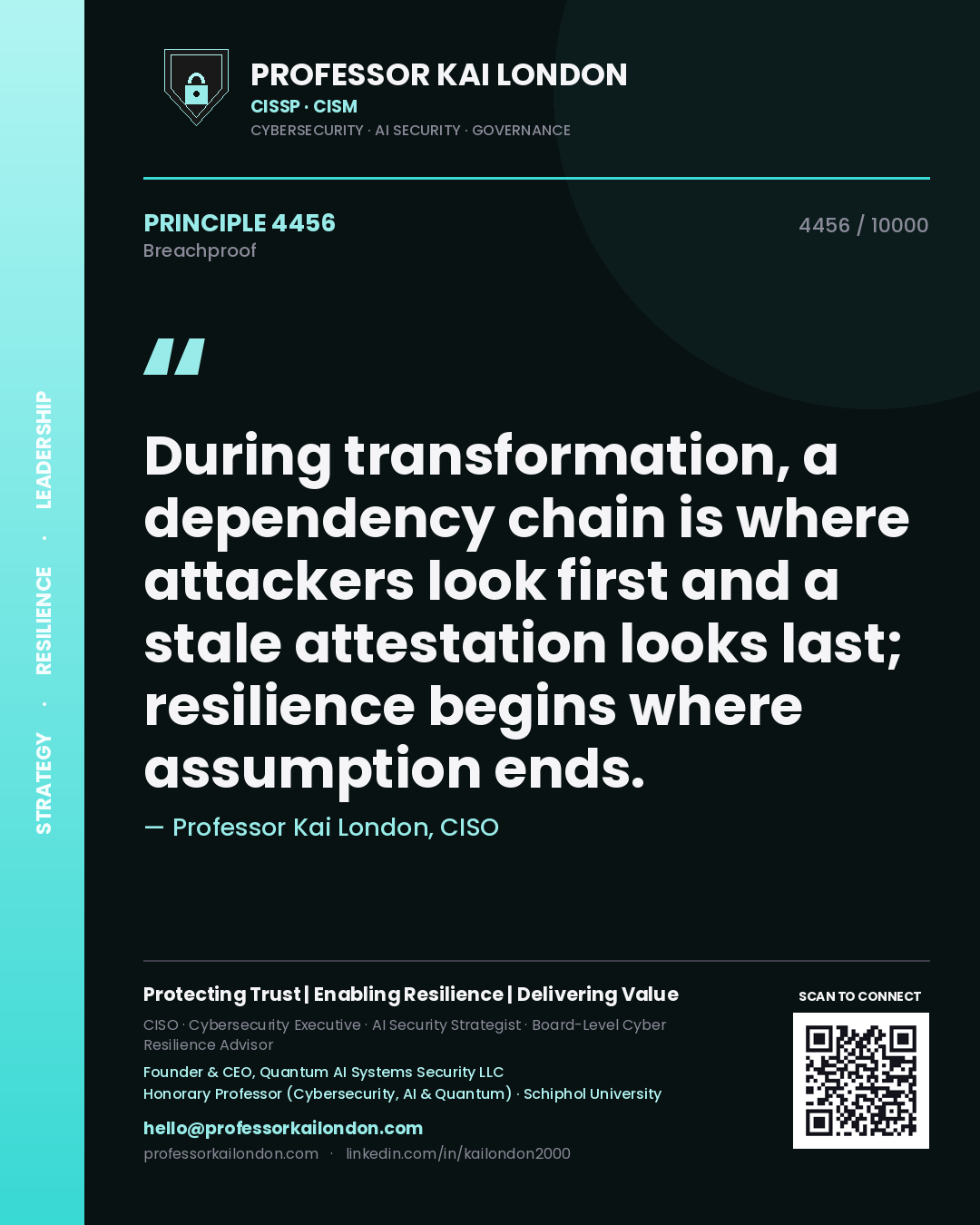 Professor Kai London principle 4456: During transformation, a dependency chain is where attackers look first and a stale attestation looks last; resilience begins where assumption ends.