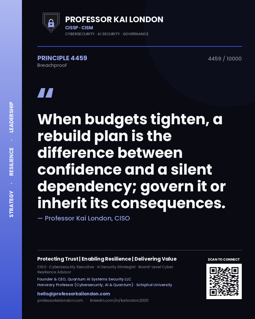 Professor Kai London principle 4459: When budgets tighten, a rebuild plan is the difference between confidence and a silent dependency; govern it or inherit its consequences.