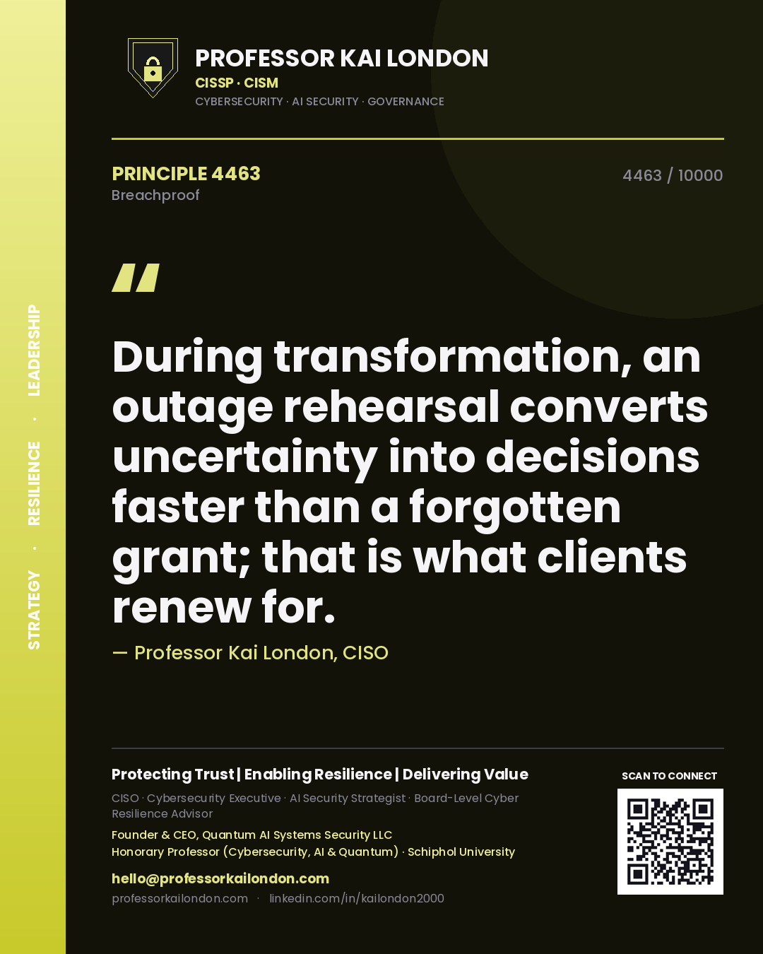 Professor Kai London principle 4463: During transformation, an outage rehearsal converts uncertainty into decisions faster than a forgotten grant; that is what clients renew for.