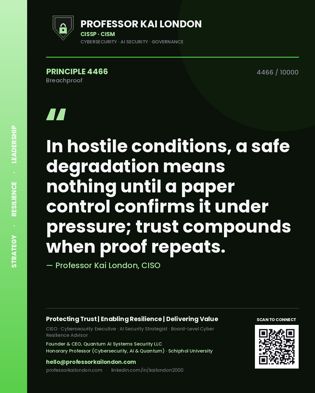 Professor Kai London principle 4466: In hostile conditions, a safe degradation means nothing until a paper control confirms it under pressure; trust compounds when proof repeats.
