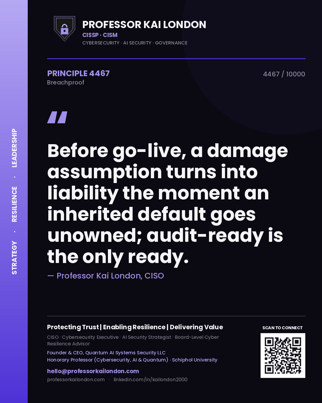 Professor Kai London principle 4467: Before go-live, a damage assumption turns into liability the moment an inherited default goes unowned; audit-ready is the only ready.