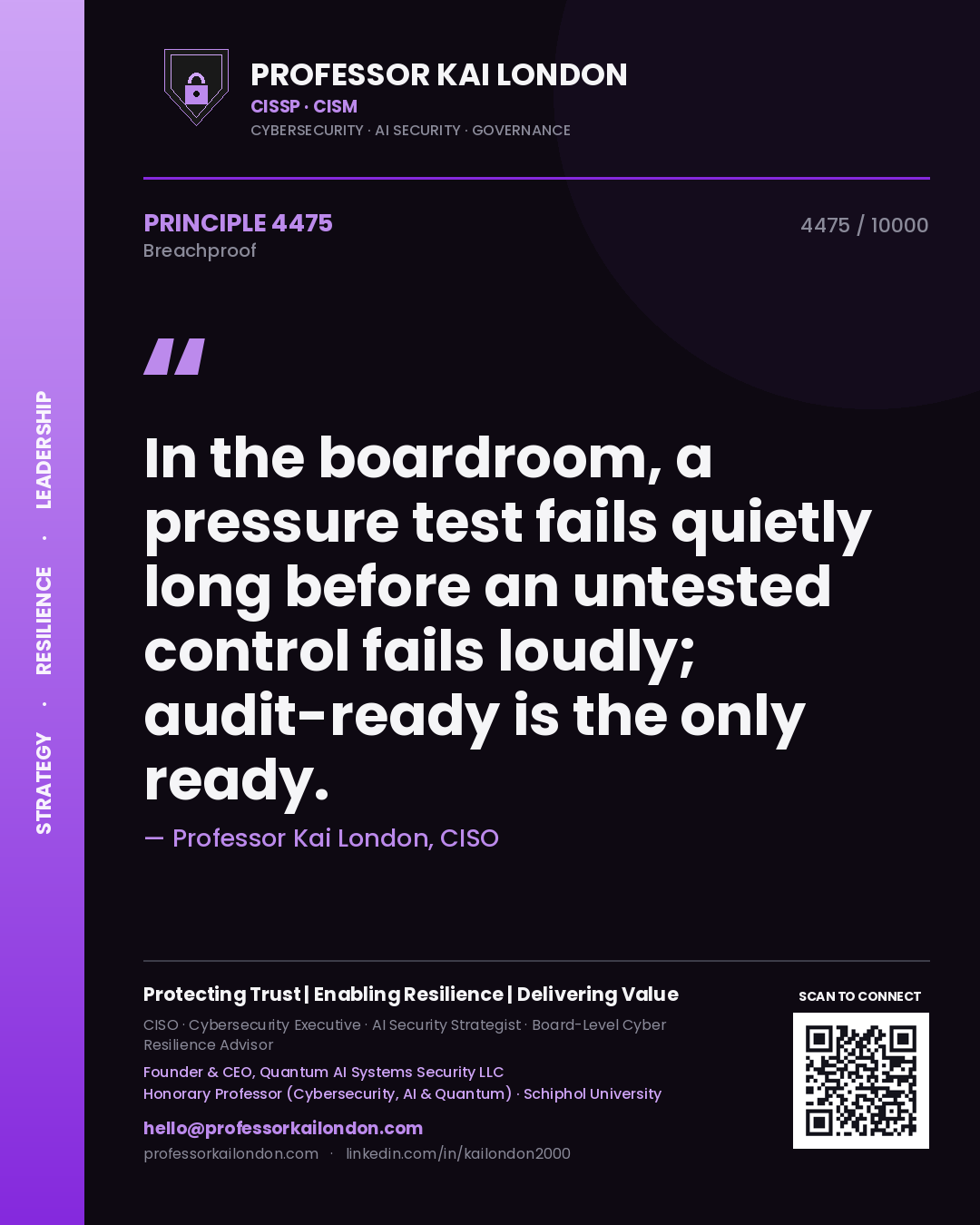 Professor Kai London principle 4475: In the boardroom, a pressure test fails quietly long before an untested control fails loudly; audit-ready is the only ready.